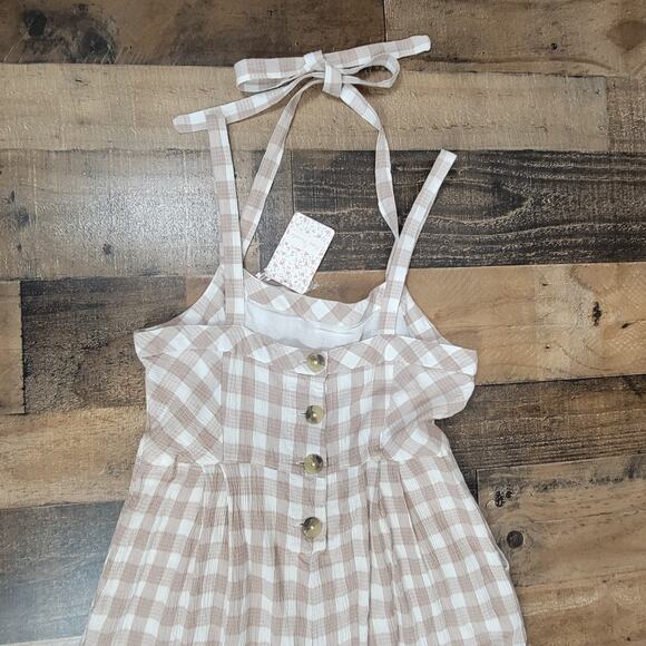 NWT Free People Seersucker Plaid Neutral Gingham Wide Leg Jumpsuit‎ Womens 8 - Picture 2 of 16
